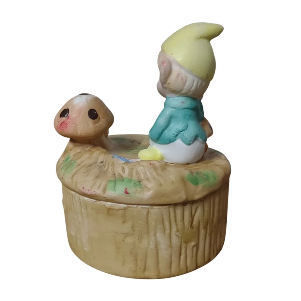 Vintage 70s HOMCO Elf Pixie Gnome Mushroom Ceramic Trinket Box #5404